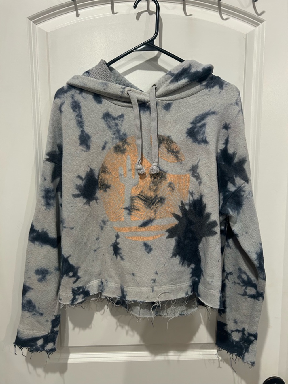 Free People Tie-Dye Hoodie with Desert Graphic - Gray & Navy with Gold Accent